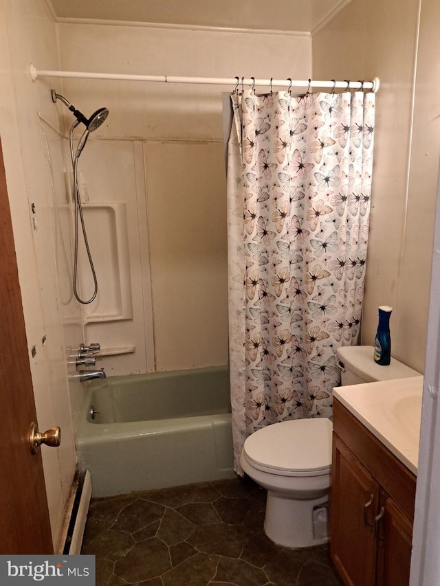 full bathroom with a baseboard radiator, shower / tub combo, tile patterned floors, vanity, and toilet