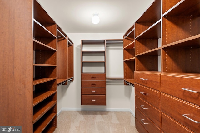 walk in closet featuring light colored carpet