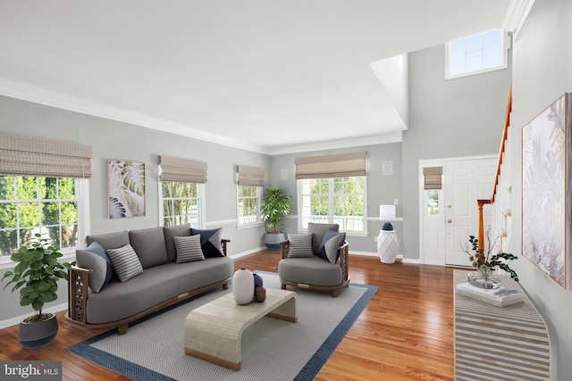 living room with hardwood / wood-style floors, a wealth of natural light, and crown molding