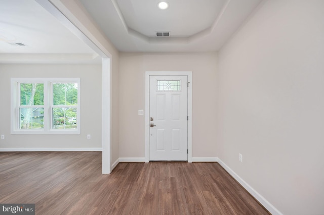 entrance foyer with a tray ceiling and hardwood / wood-style flooring