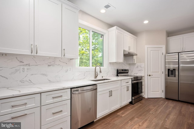 kitchen featuring backsplash, white cabinetry, sink, and stainless steel appliances