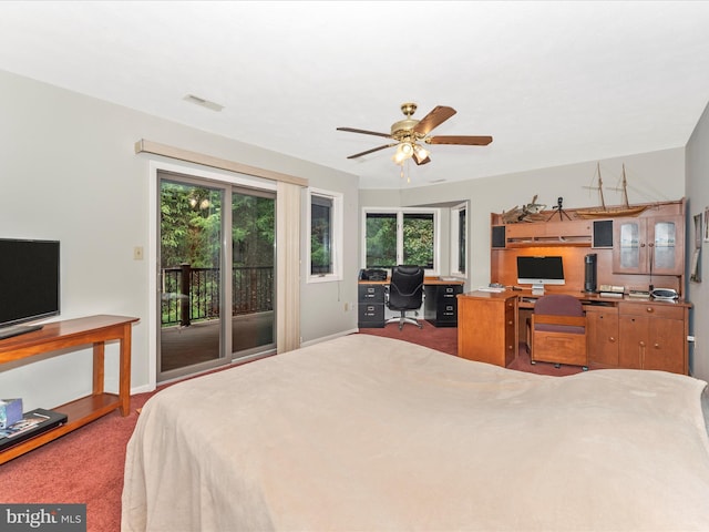 bedroom with carpet, ceiling fan, and access to outside