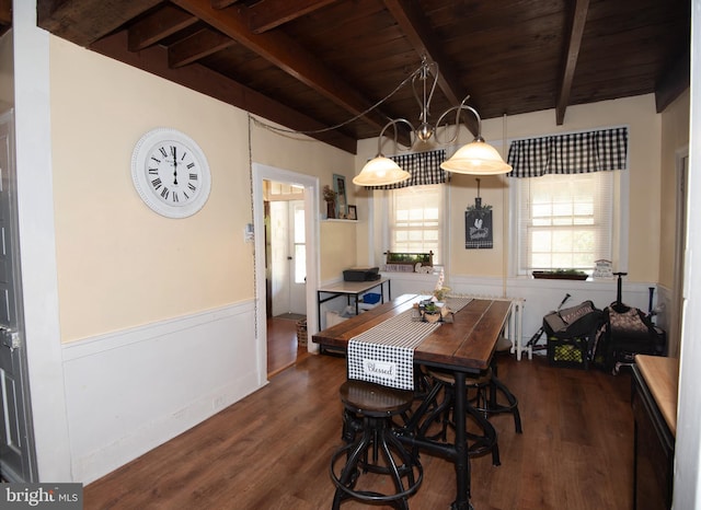 dining space featuring an inviting chandelier, beam ceiling, dark hardwood / wood-style flooring, and wooden ceiling