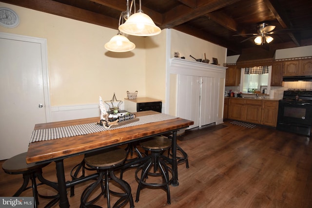 dining area with wood ceiling, beamed ceiling, dark hardwood / wood-style floors, sink, and ceiling fan