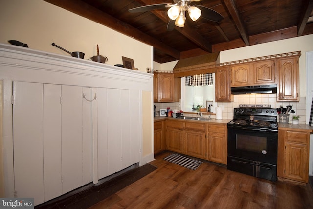 kitchen with wood ceiling, dark hardwood / wood-style floors, ceiling fan, decorative backsplash, and black range with electric cooktop