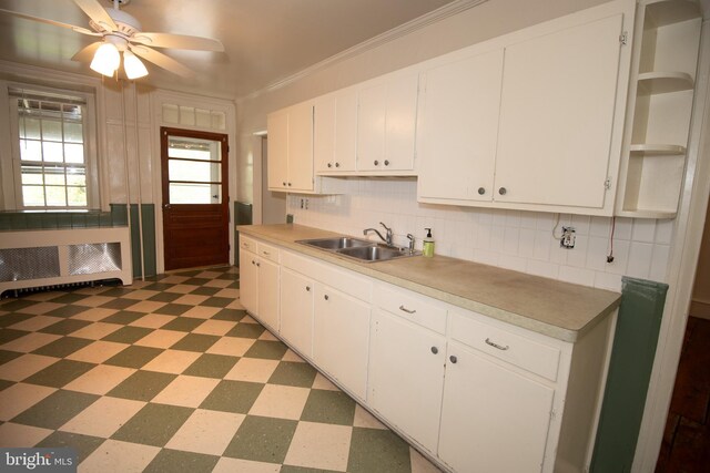 kitchen featuring crown molding, sink, ceiling fan, and white cabinets