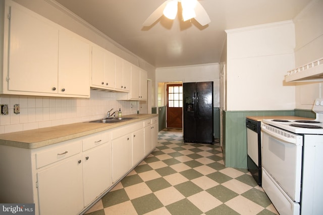 kitchen featuring white cabinets, black appliances, crown molding, ceiling fan, and sink