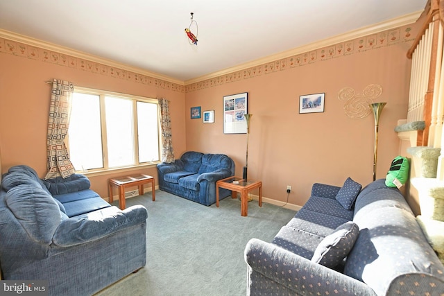 living room with crown molding and light colored carpet