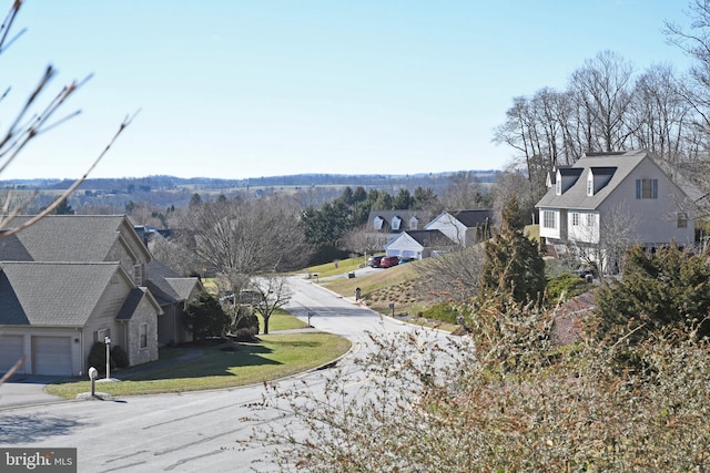 view of street featuring curbs and a residential view