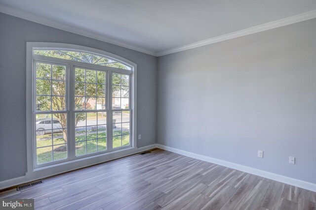 spare room with light hardwood / wood-style floors, a healthy amount of sunlight, and ornamental molding