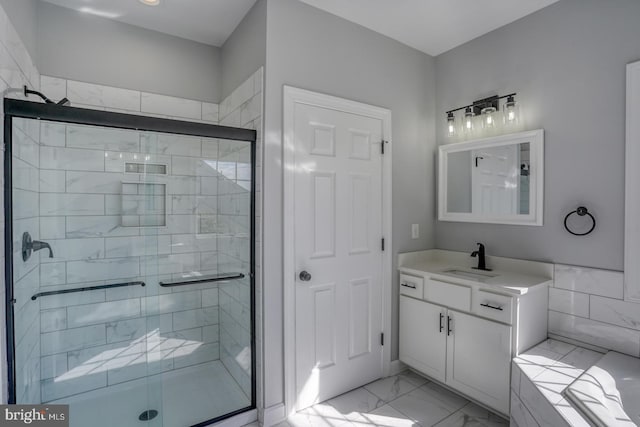 bathroom with vanity and plus walk in shower