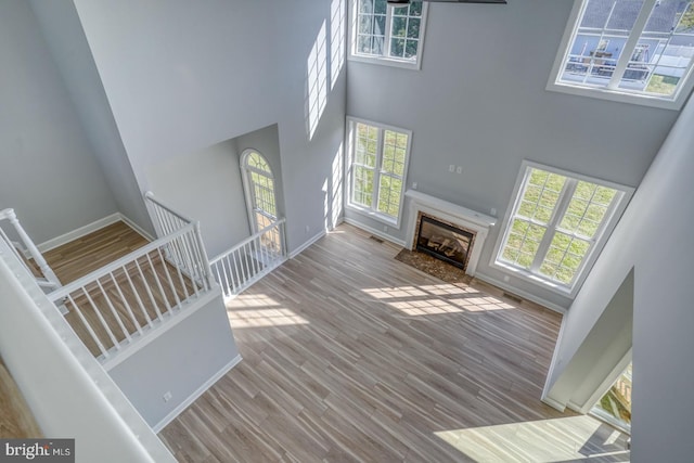 unfurnished living room featuring light hardwood / wood-style flooring, a healthy amount of sunlight, and a high ceiling