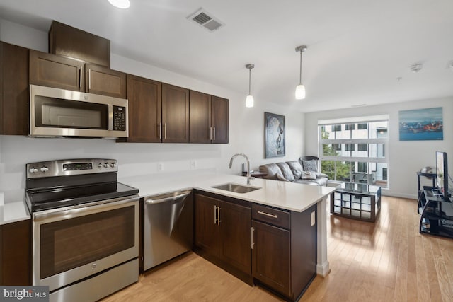 kitchen featuring pendant lighting, sink, kitchen peninsula, appliances with stainless steel finishes, and light wood-type flooring