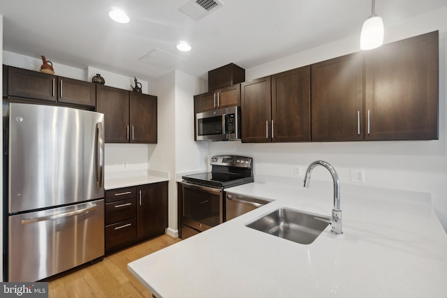 kitchen with light hardwood / wood-style floors, pendant lighting, stainless steel appliances, dark brown cabinets, and sink