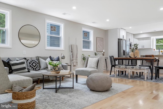 living room with light hardwood / wood-style floors and a wealth of natural light