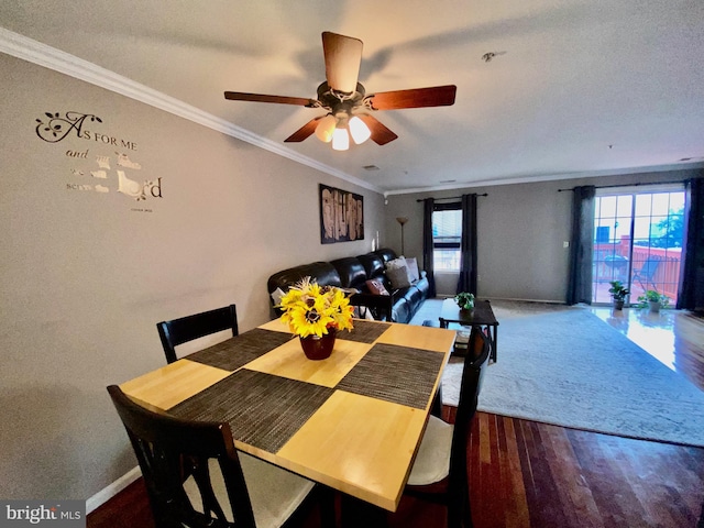 dining space with ornamental molding, dark hardwood / wood-style flooring, and ceiling fan