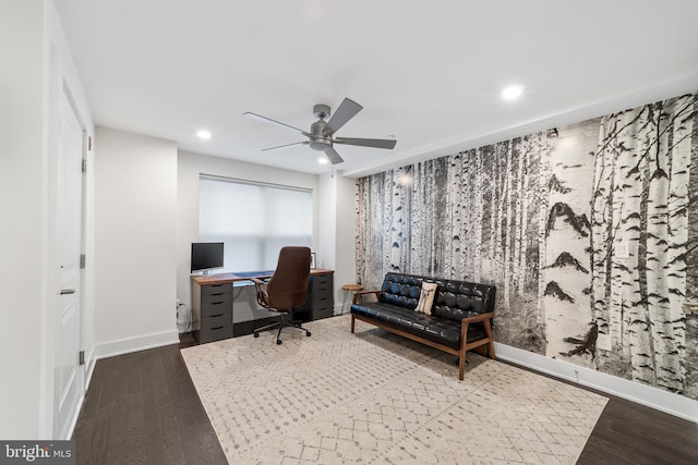 office space with hardwood / wood-style flooring and ceiling fan