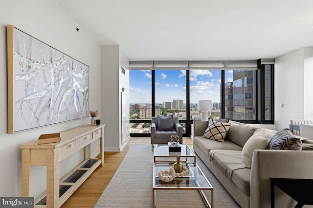 living room with light hardwood / wood-style flooring, a wealth of natural light, and floor to ceiling windows