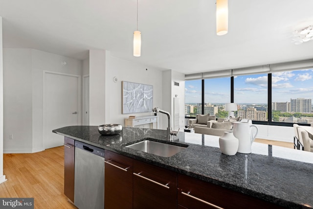 kitchen featuring dark brown cabinetry, sink, stainless steel dishwasher, light hardwood / wood-style flooring, and decorative light fixtures