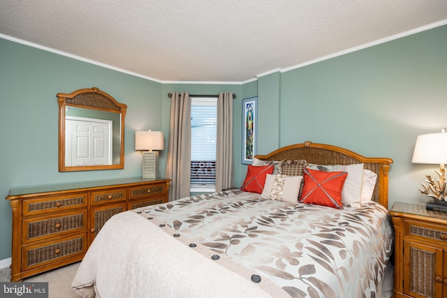 carpeted bedroom featuring a textured ceiling and crown molding