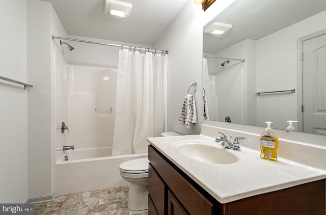 full bathroom featuring vanity, toilet, and shower / bathtub combination with curtain