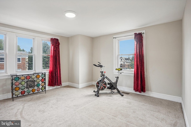 exercise room featuring light carpet and a healthy amount of sunlight