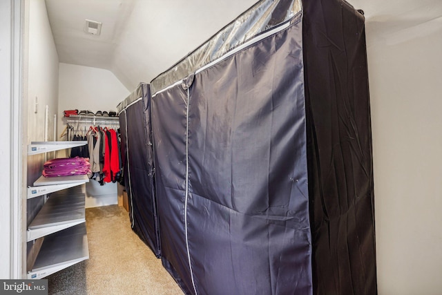 walk in closet with vaulted ceiling and carpet flooring