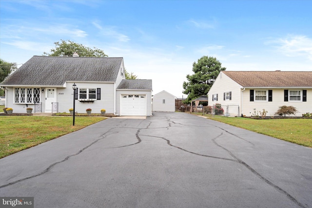 view of property exterior featuring a garage and a lawn