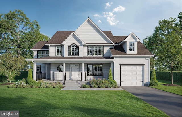 view of front of property with a porch, a garage, and a front lawn