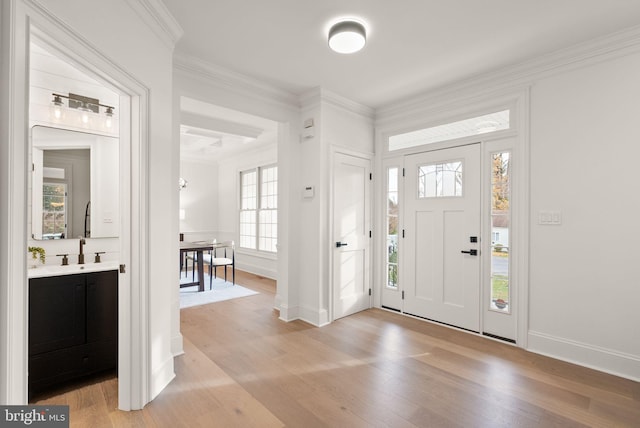 foyer featuring sink, plenty of natural light, and light hardwood / wood-style flooring