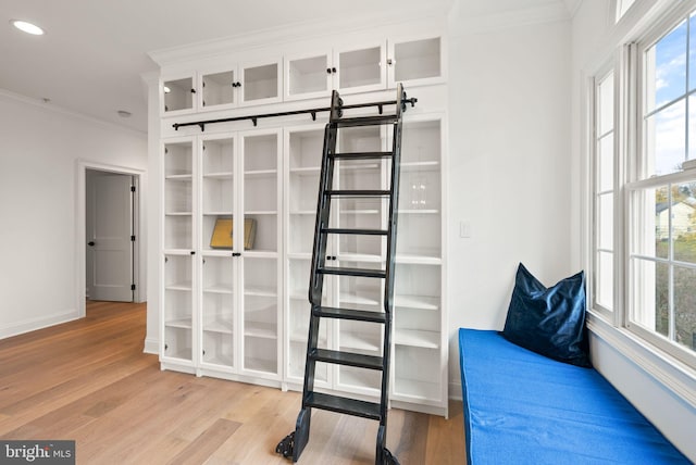 interior space featuring hardwood / wood-style flooring and ornamental molding