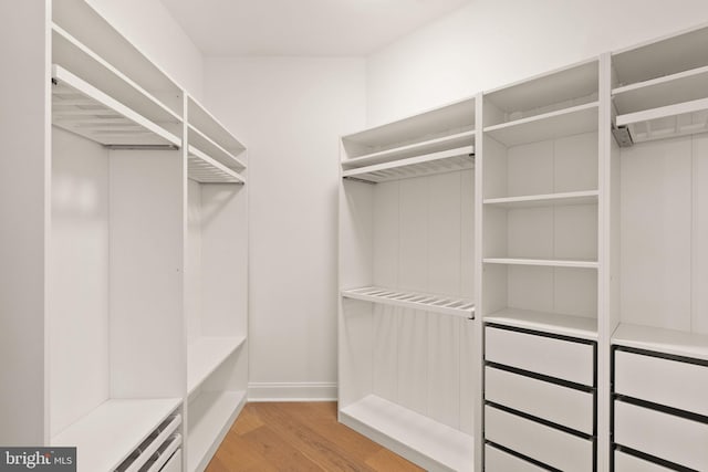 walk in closet with light hardwood / wood-style floors