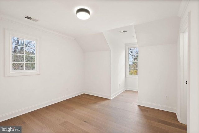 bonus room featuring a wealth of natural light, wood-type flooring, and vaulted ceiling