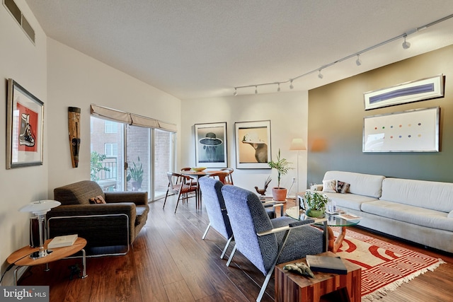 living room featuring wood-type flooring and rail lighting