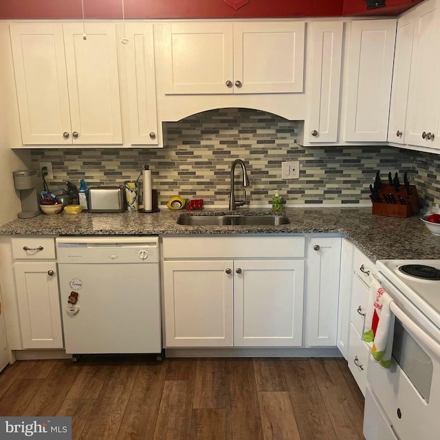 kitchen with dark hardwood / wood-style floors, sink, white cabinetry, decorative backsplash, and white appliances