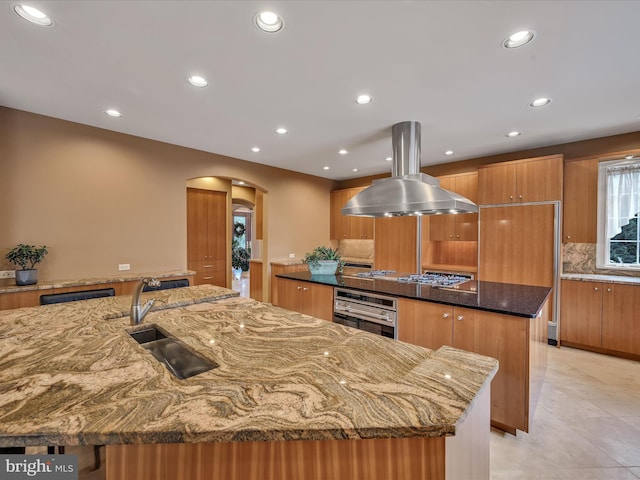 52 Violets Path, Elizabethtown, PA 17022 - kitchen with appliances with stainless steel finishes, island range hood, modern cabinets, a large island, and arched walkways
