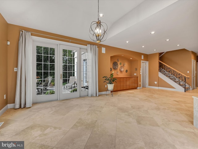 52 Violets Path, Elizabethtown, PA 17022 - unfurnished dining area featuring recessed lighting, baseboards, a chandelier, vaulted ceiling, and arched walkways