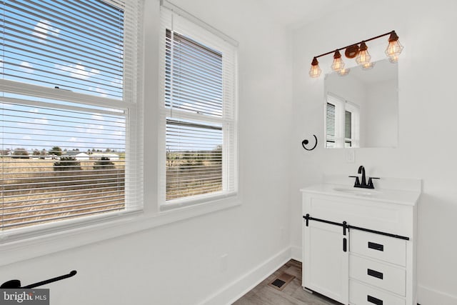 bathroom with wood-type flooring and vanity