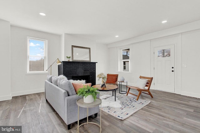 living room with wood-type flooring and a fireplace