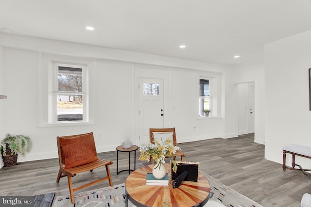 sitting room with plenty of natural light and hardwood / wood-style floors