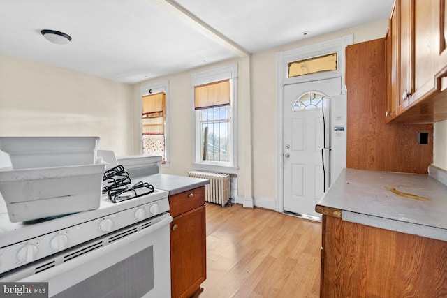 kitchen featuring white appliances, radiator, and light hardwood / wood-style flooring