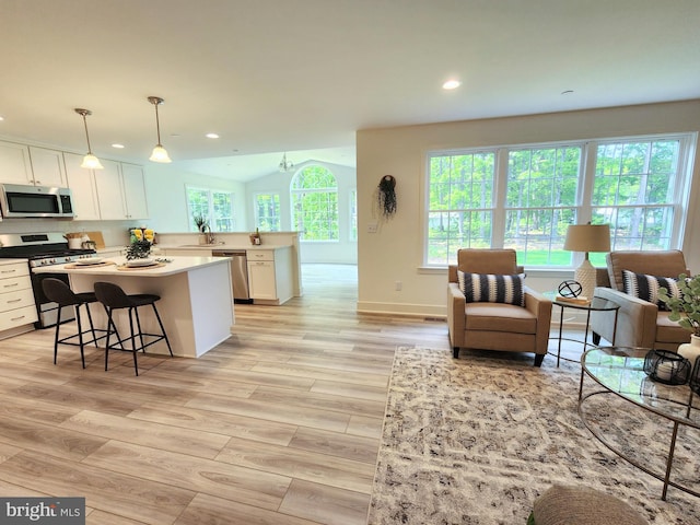 living room with light hardwood / wood-style floors and sink