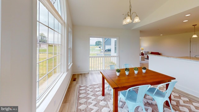 dining room featuring vaulted ceiling, light hardwood / wood-style floors, and a chandelier