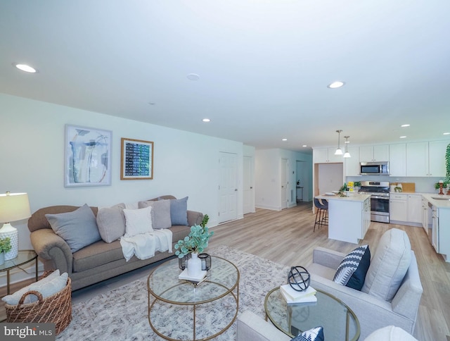 living room featuring light wood-type flooring and sink