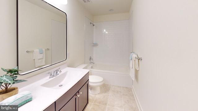 full bathroom with vanity, tiled shower / bath combo, toilet, and tile patterned flooring