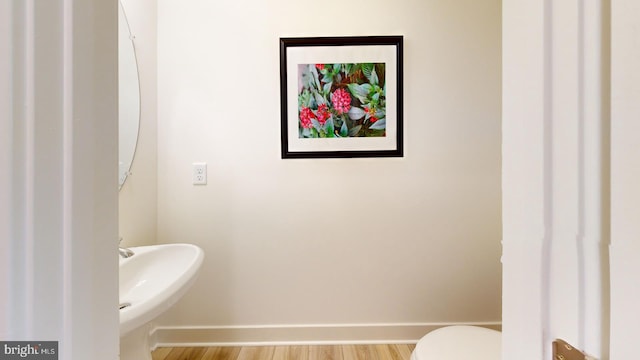 bathroom with toilet, sink, and hardwood / wood-style flooring