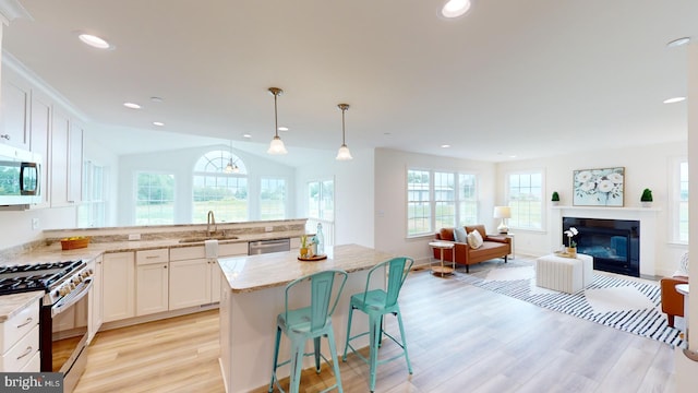 kitchen with light wood-type flooring, pendant lighting, stainless steel appliances, and a wealth of natural light