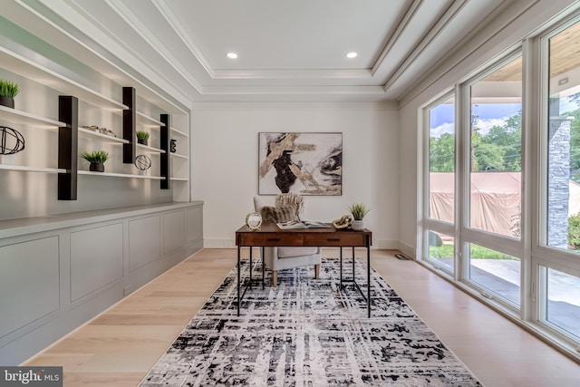 office space featuring a raised ceiling, crown molding, light hardwood / wood-style flooring, and a healthy amount of sunlight