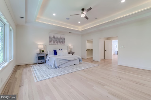 bedroom with a walk in closet, a raised ceiling, ceiling fan, light hardwood / wood-style flooring, and a closet