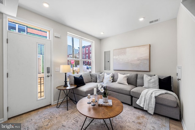 living room with electric panel and light hardwood / wood-style flooring